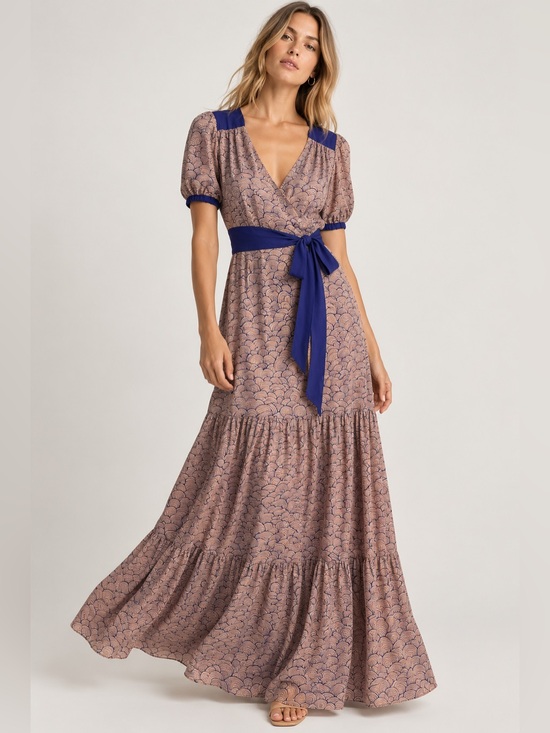 Yasmin LeBon Dresses & Skirts - Yasmin LeBon 100% Silk Maxi Dress with Puff Sleeve Tie Waist Size 6 (UK 8)